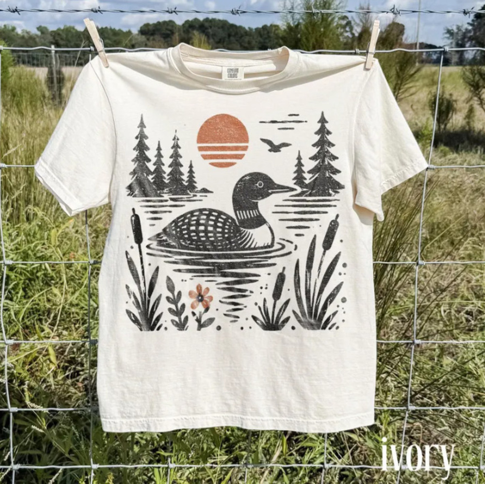 Old School Loon Lake Graphic Tee, Wildlife Nature Bird Shirt, Rustic Outdoor Tee